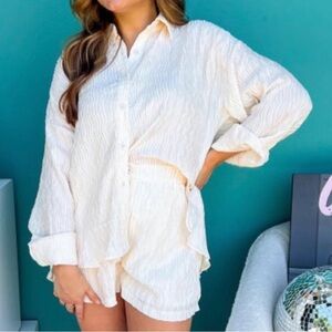 White Button-Up Shirt and Shorts Set